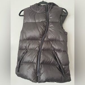 Carbon Grey Puffer Vest Women’s  size Small. Asymmetrical zipper. With Hood